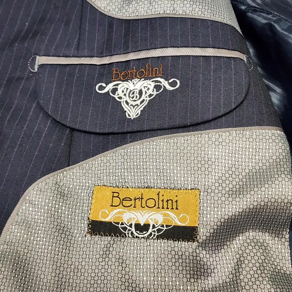 Bertolini Suit Jacket Mens 44 Blue Pinstripe Double Breasted Wool Silk Lined